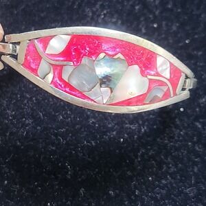 Mexico alpaca Silver Inlay Bracelet Coral Mother of Pearl Mexican Artisan K30